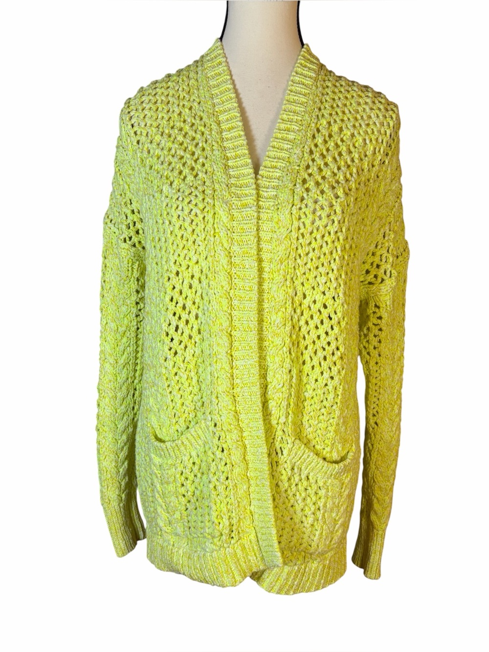 Anthropologie Serenity Knit Cardigan Yellow Green Open Front Sweater Size XS S